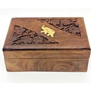 Hand Carved Wooden Box Brass Elephant Inlay and Carved Flowers Bohemian India